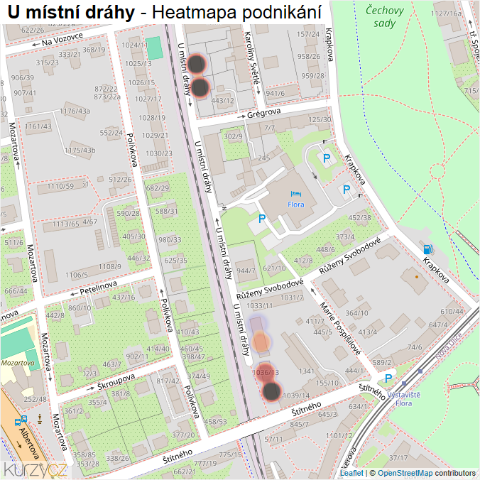 Mapa U místní dráhy - Firmy v ulici.
