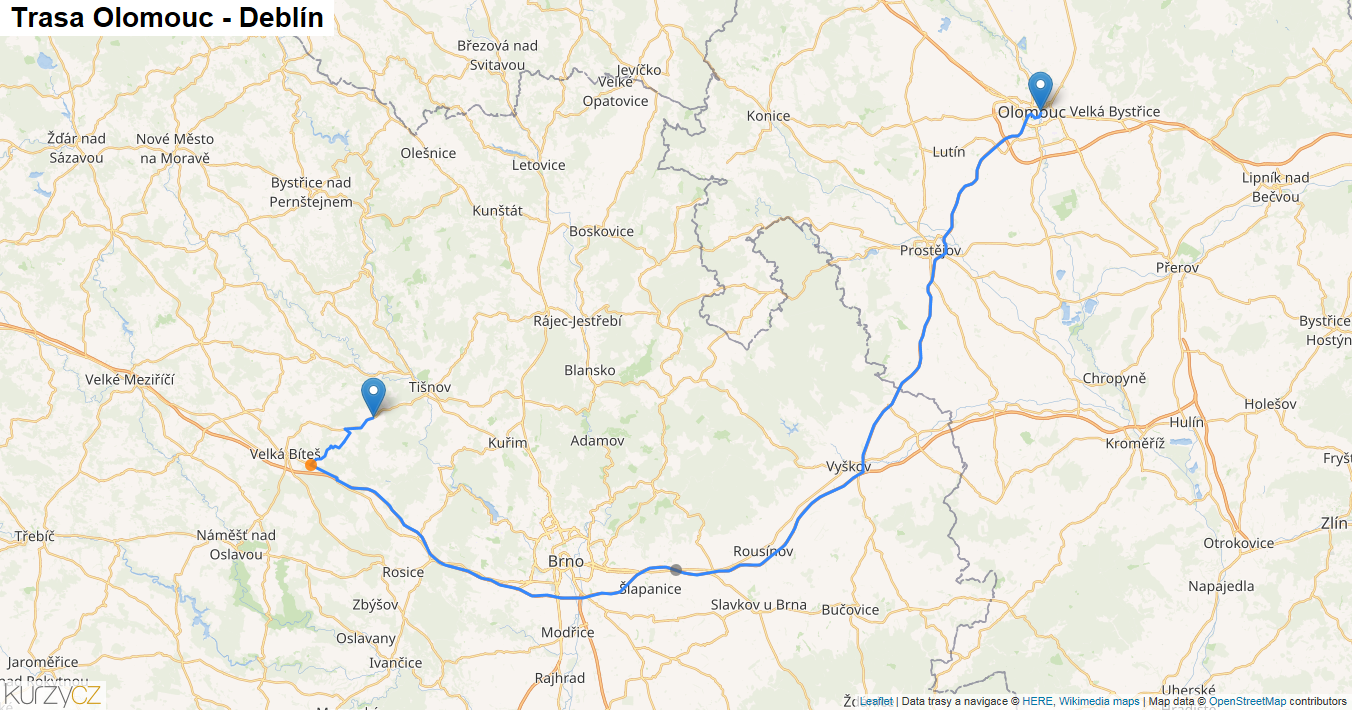 Olomouc-Deblín, mapa trasy