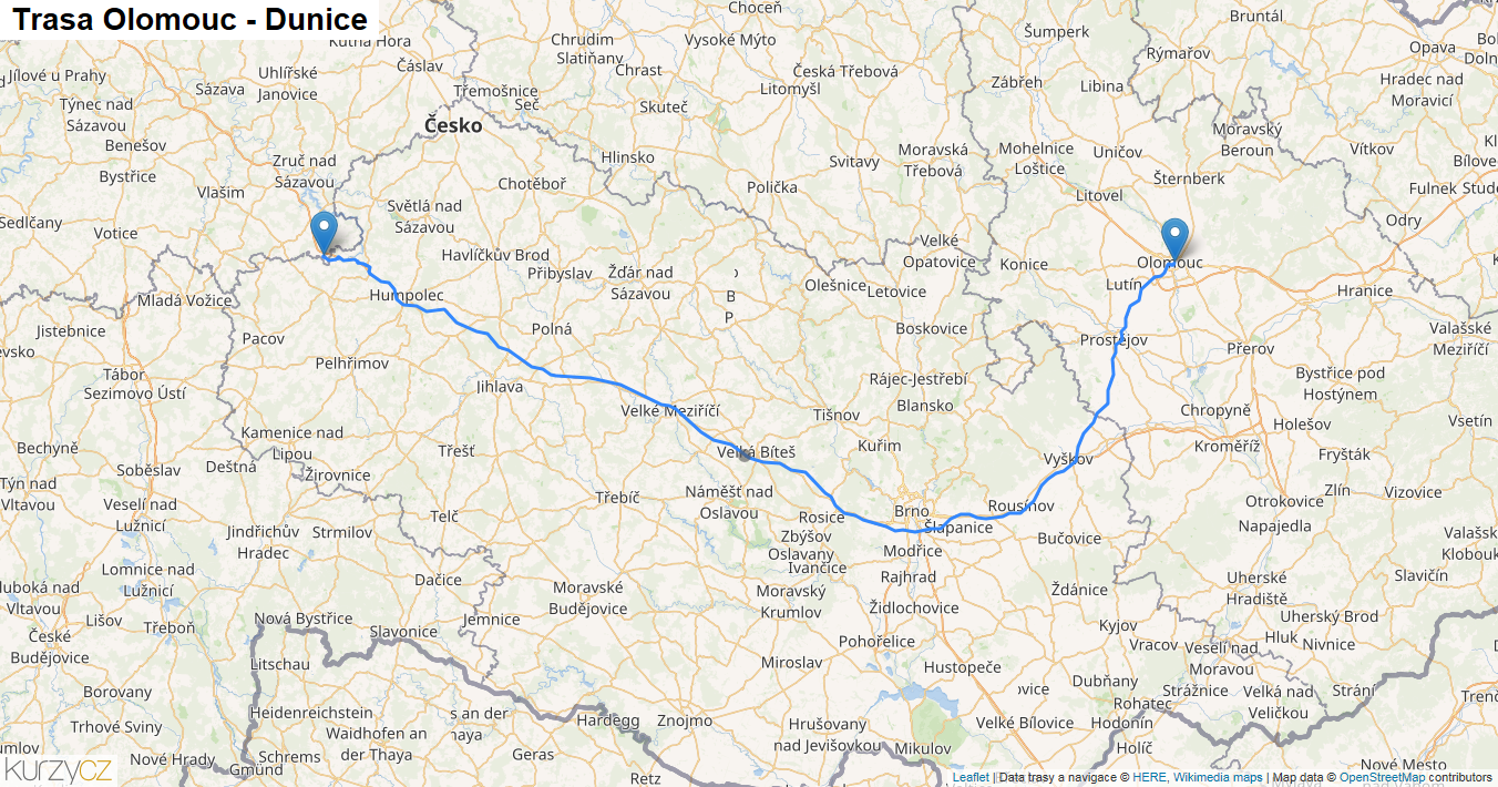 Olomouc-Dunice, mapa trasy