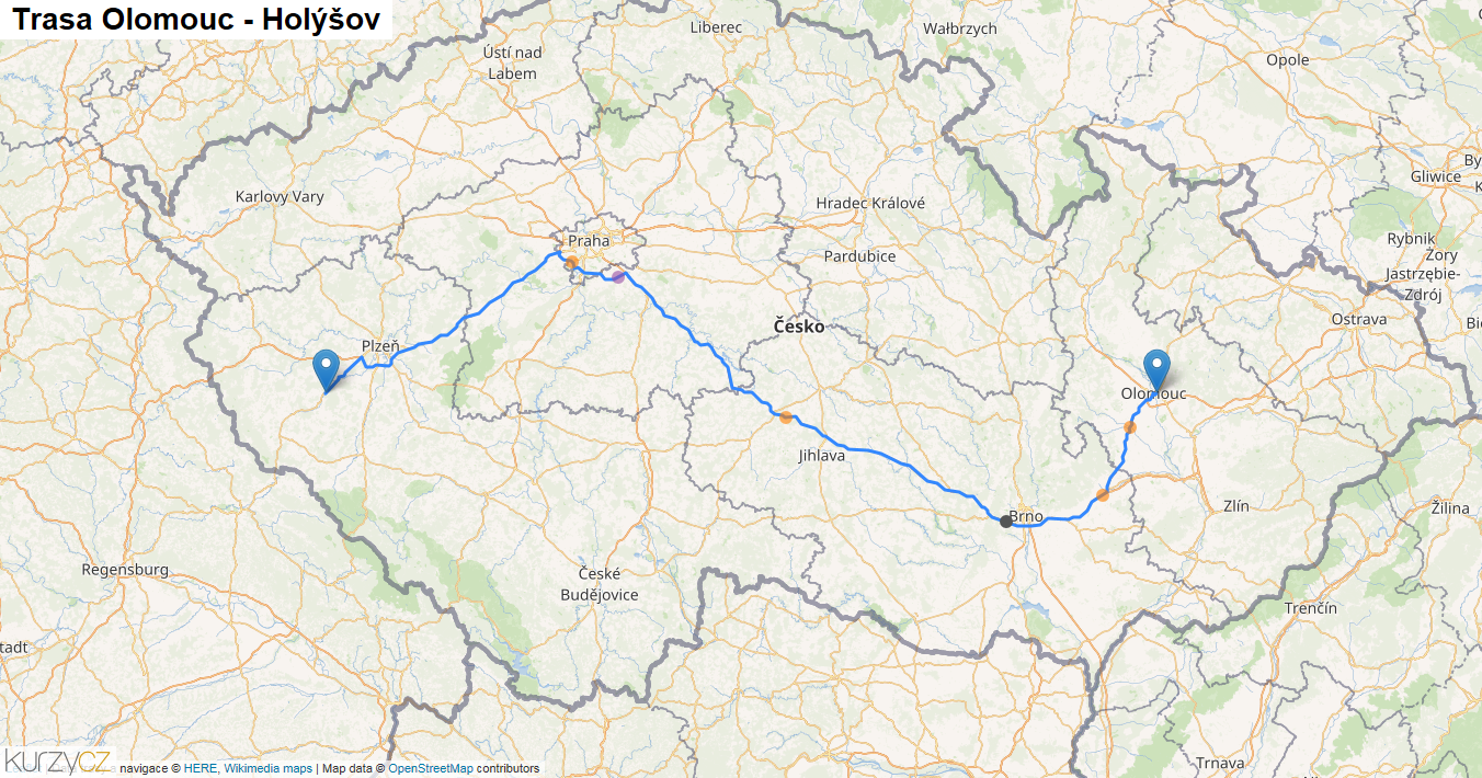 Olomouc-Holýšov, mapa trasy