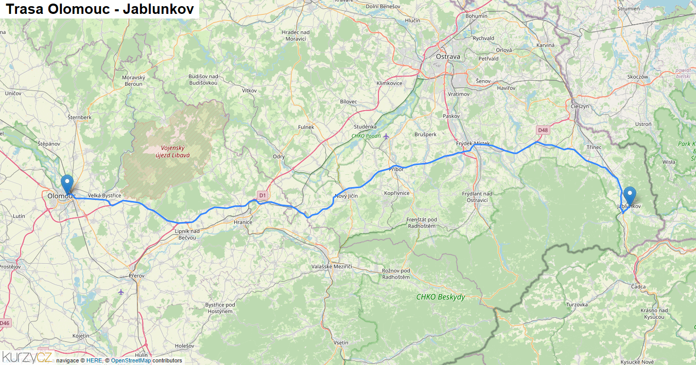 Olomouc-Jablunkov, mapa trasy