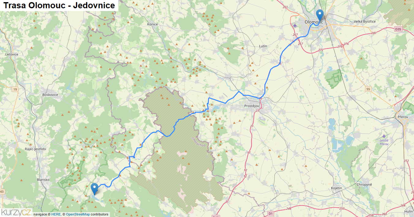 Olomouc-Jedovnice, mapa trasy