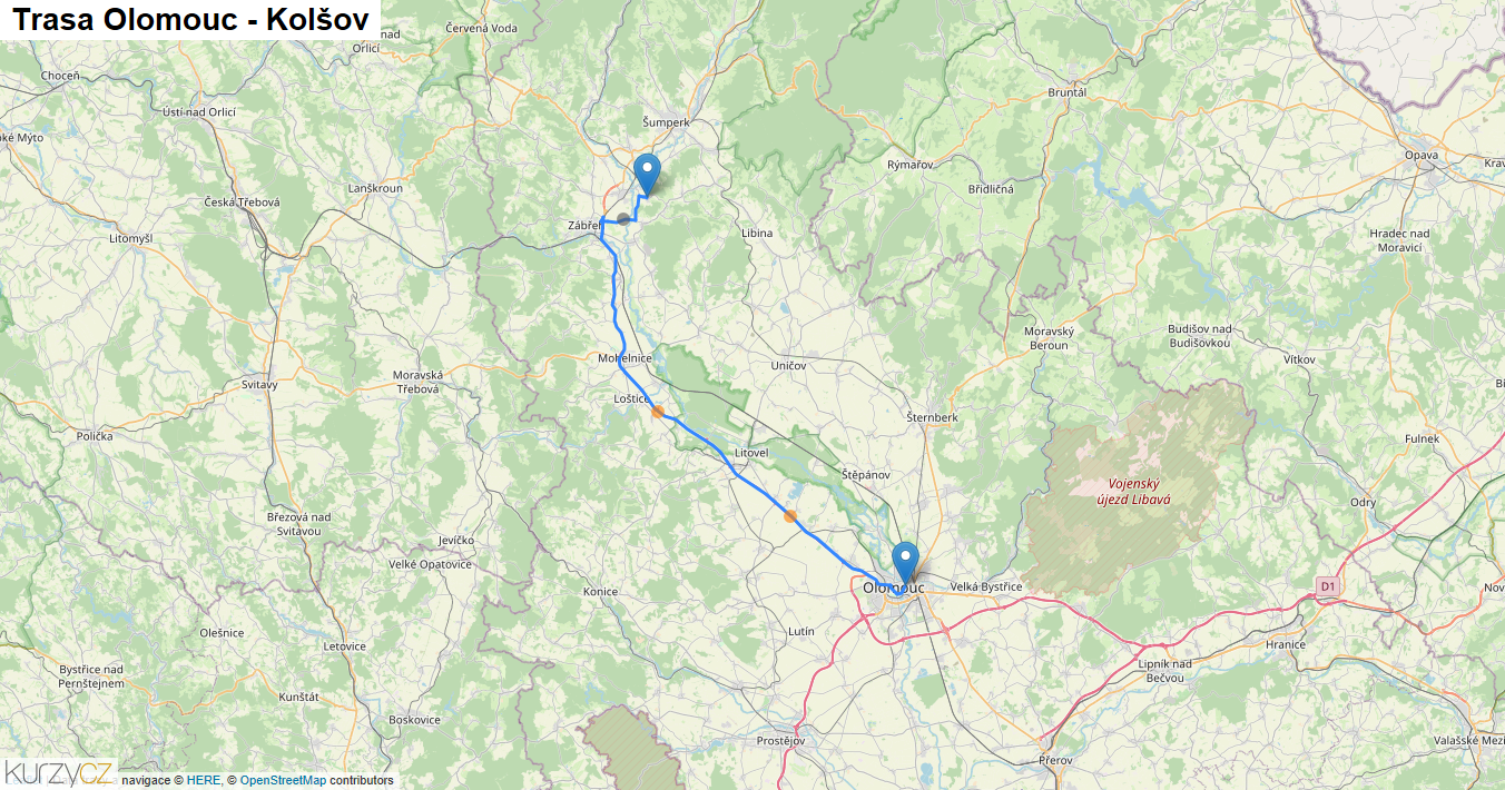 Olomouc-Kolšov, mapa trasy