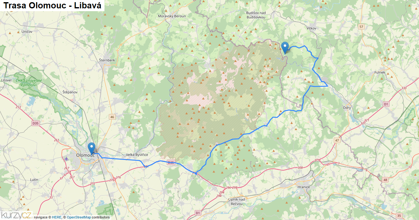Olomouc-Libavá, mapa trasy