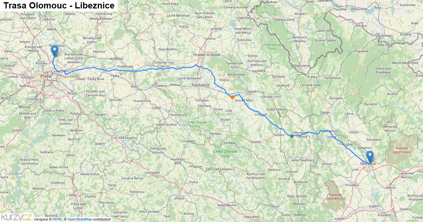 Olomouc-Líbeznice, mapa trasy