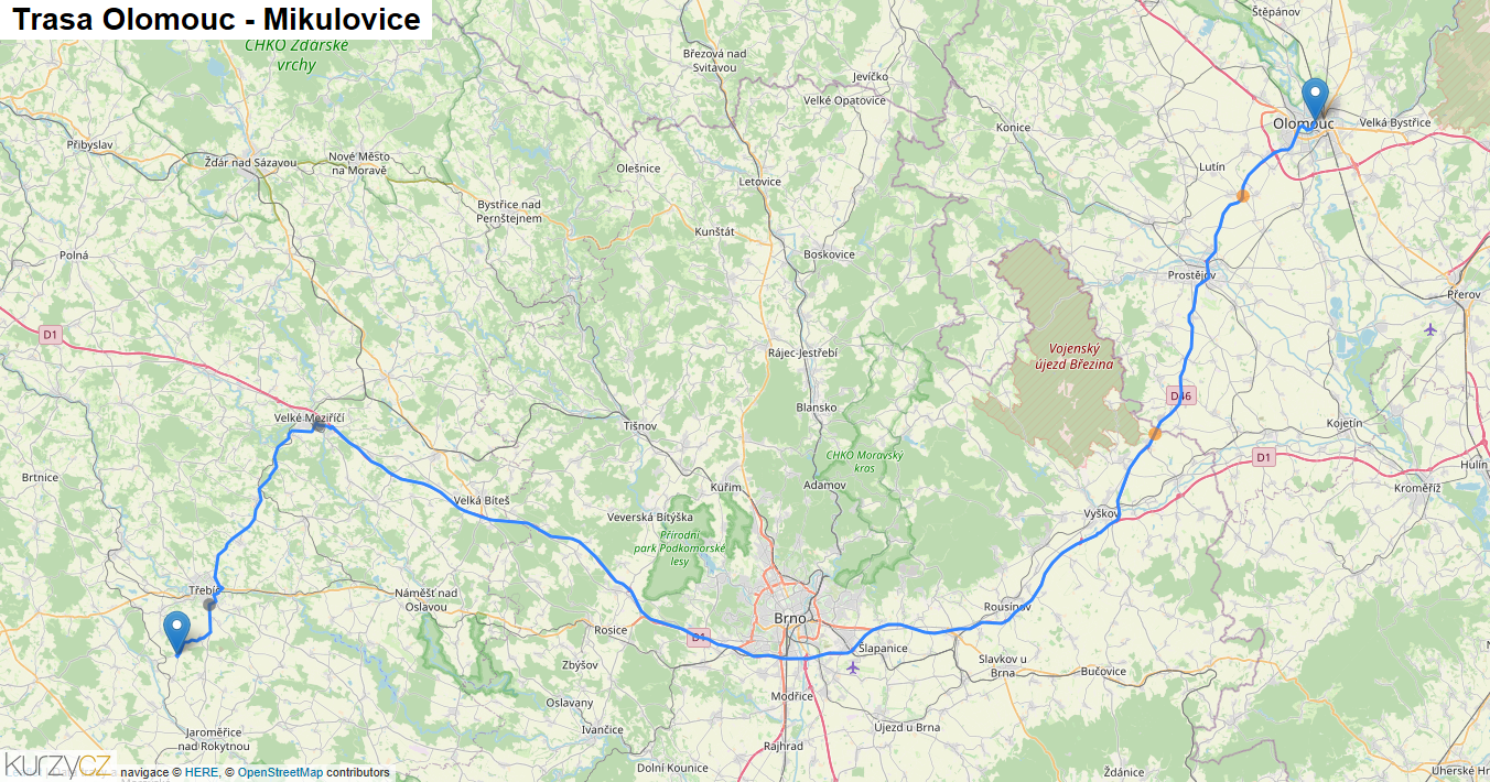 Olomouc-Mikulovice, mapa trasy