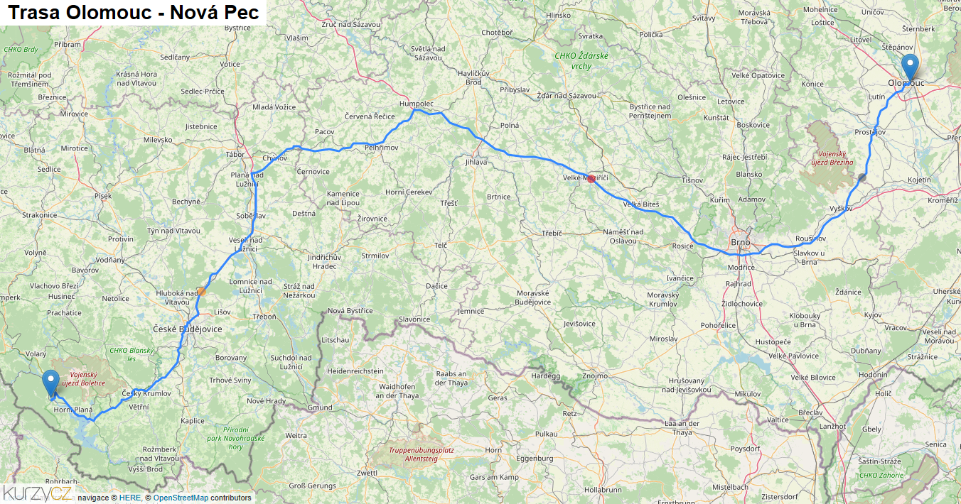 Olomouc-Nová Pec, mapa trasy