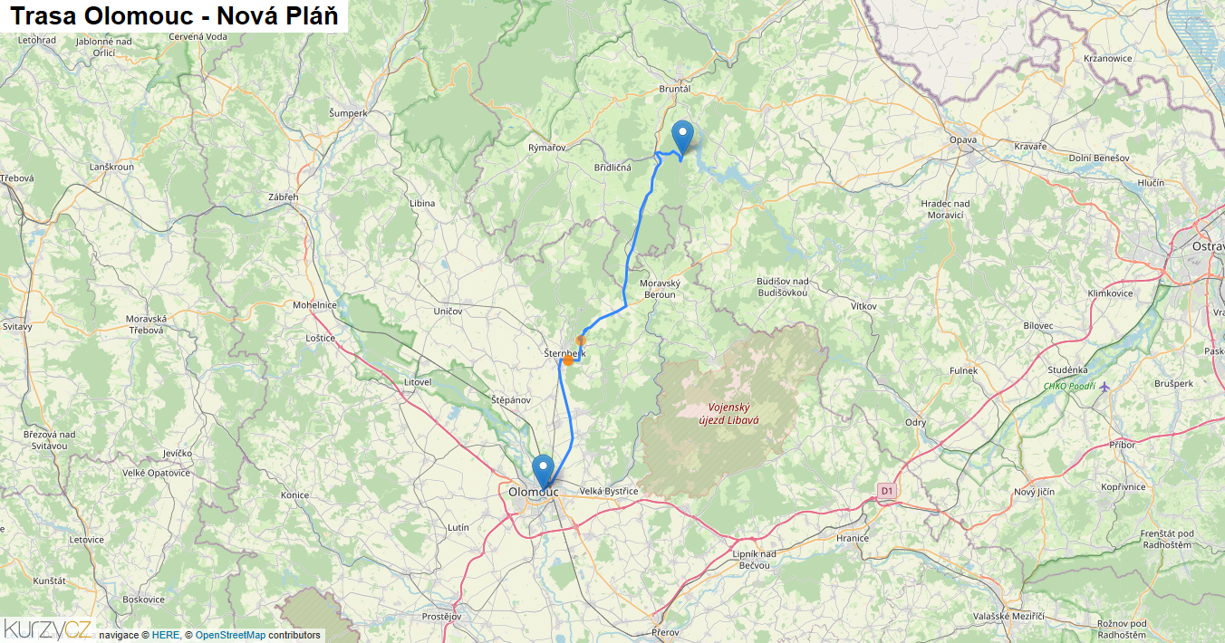 Olomouc-Nová Pláň, mapa trasy