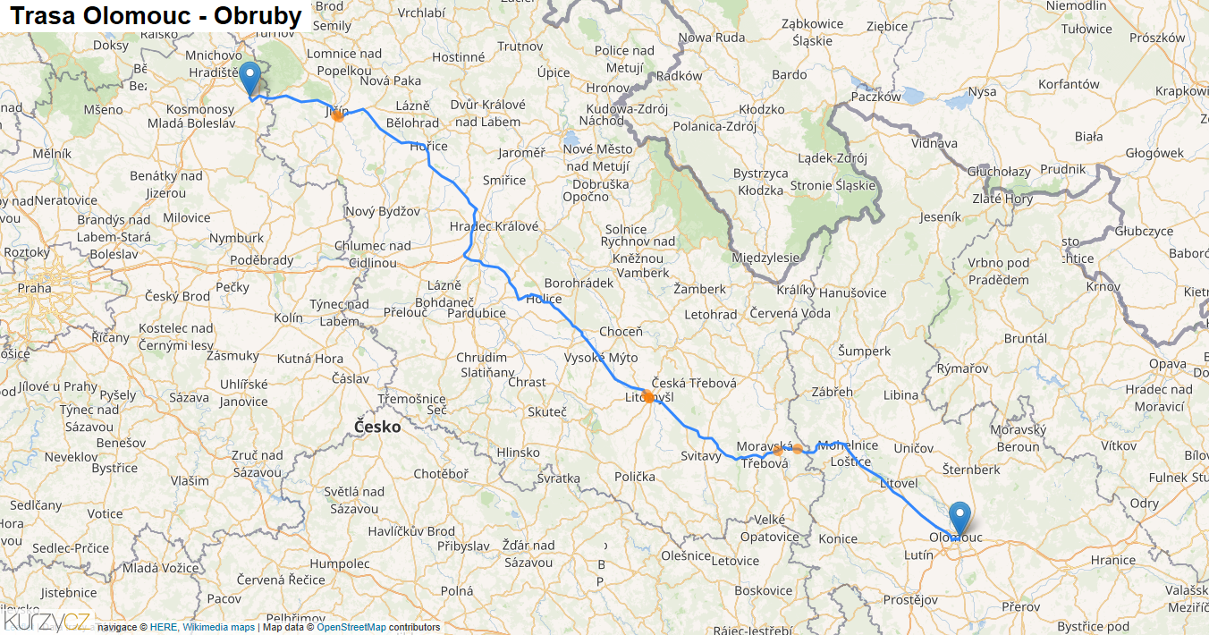 Olomouc-Obruby, mapa trasy