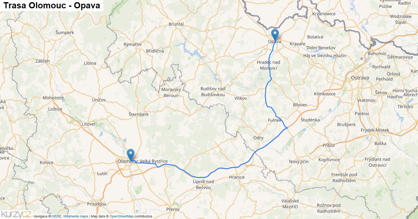 Olomouc-Opava, mapa trasy
