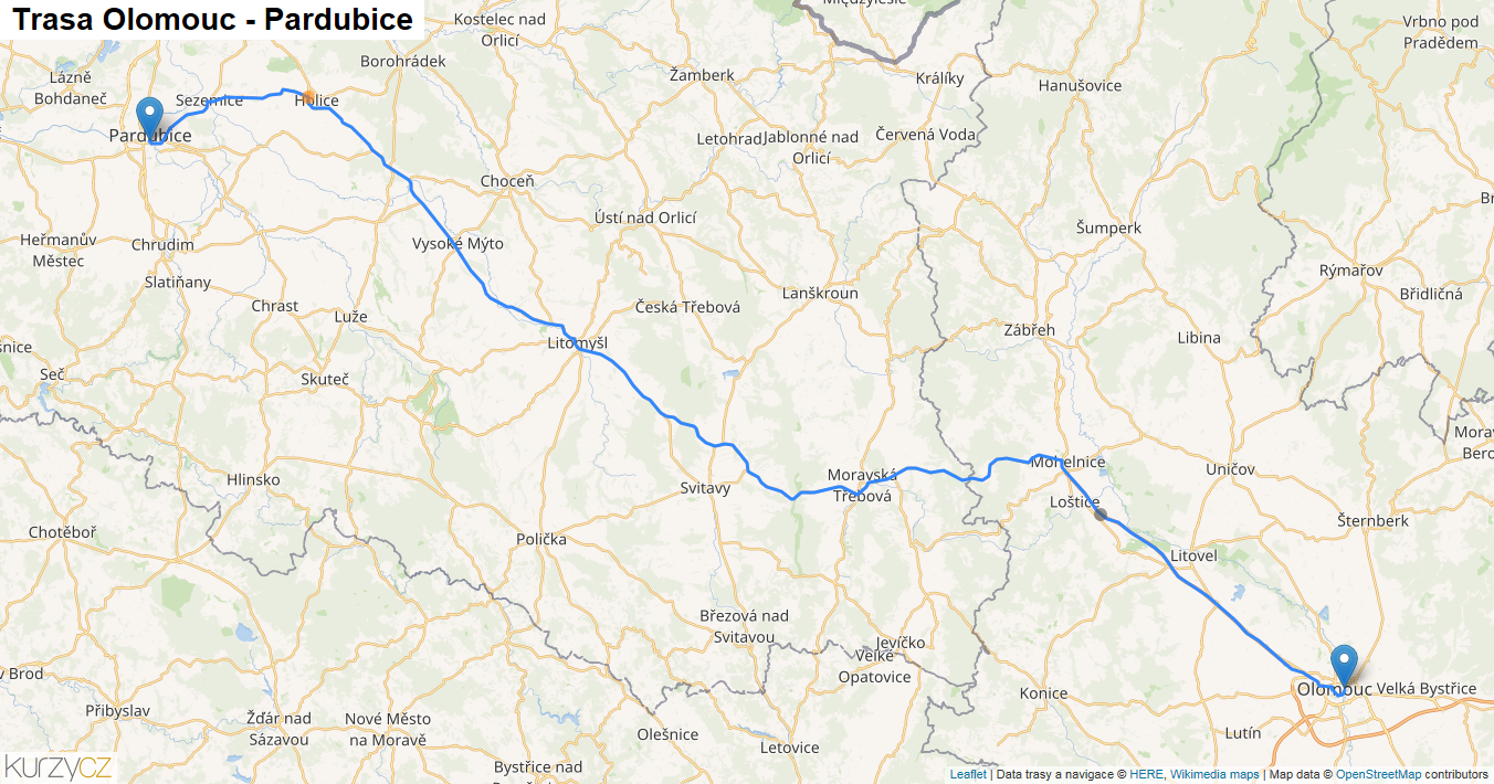 Olomouc-Pardubice, mapa trasy