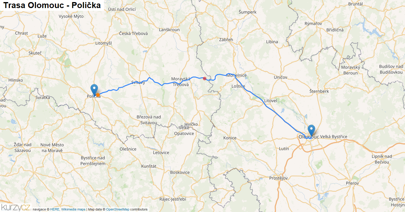 Olomouc-Polička, mapa trasy