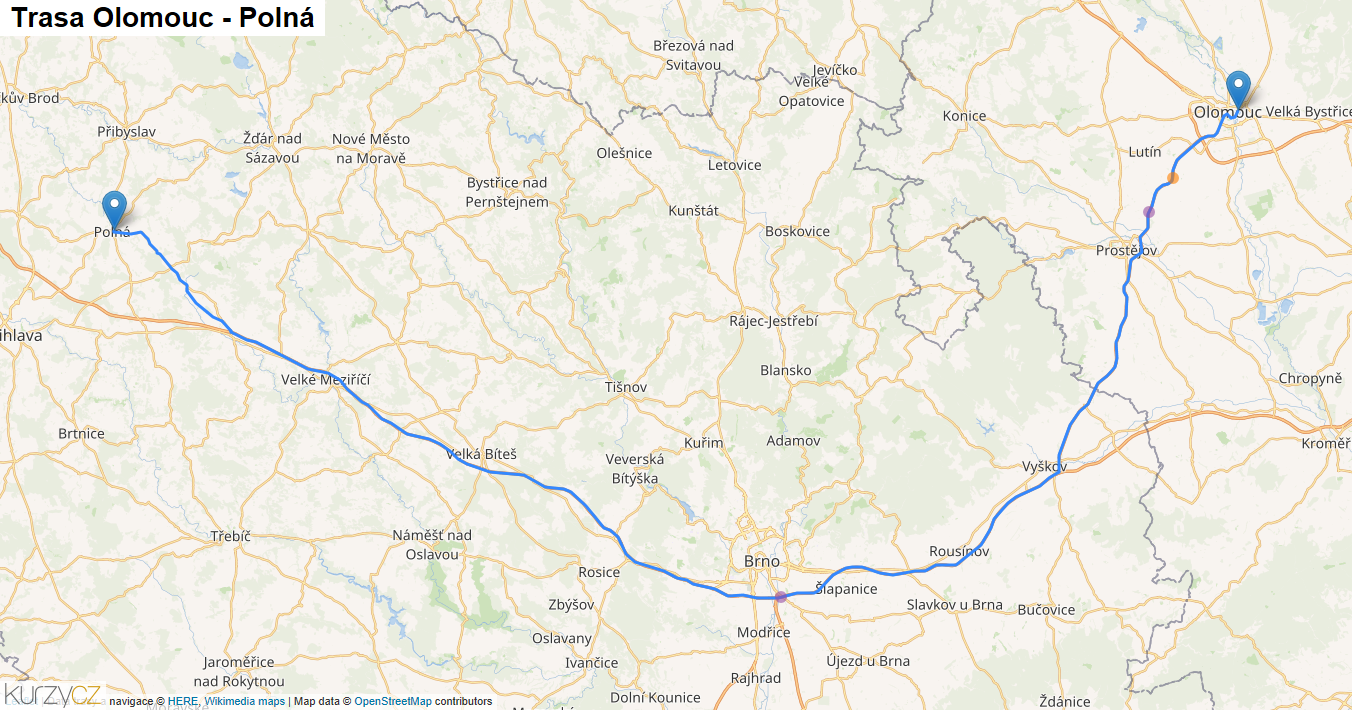 Olomouc-Polná, mapa trasy