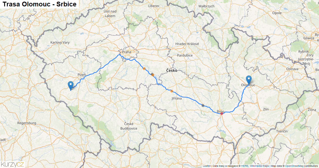Olomouc-Srbice, mapa trasy