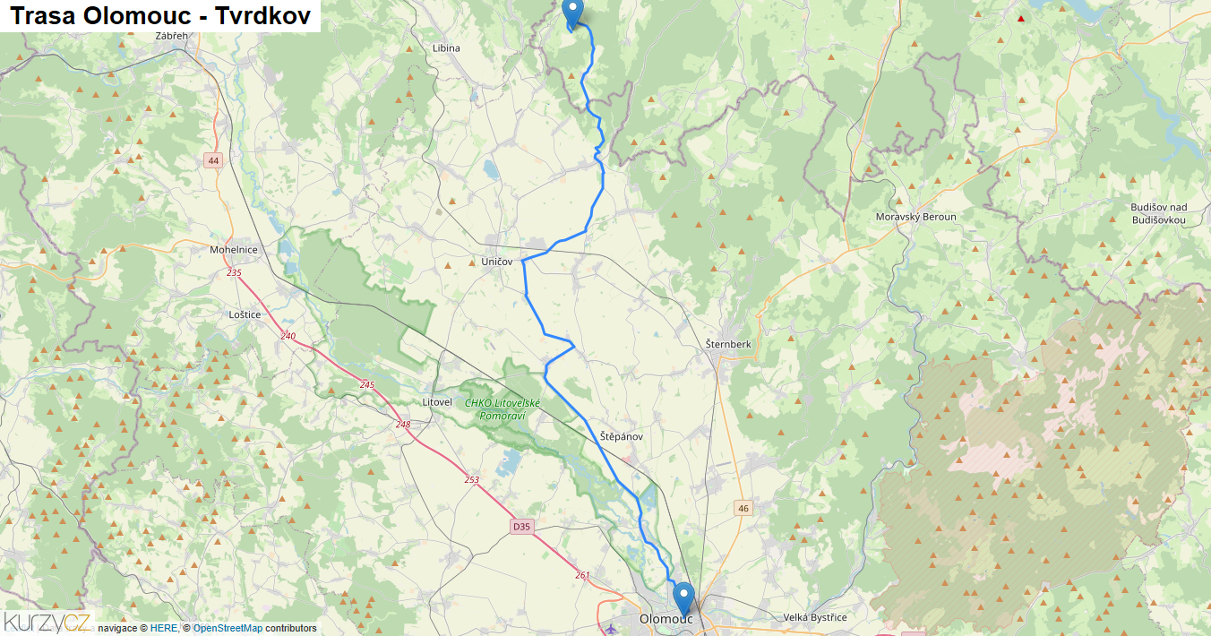 Olomouc-Tvrdkov, mapa trasy
