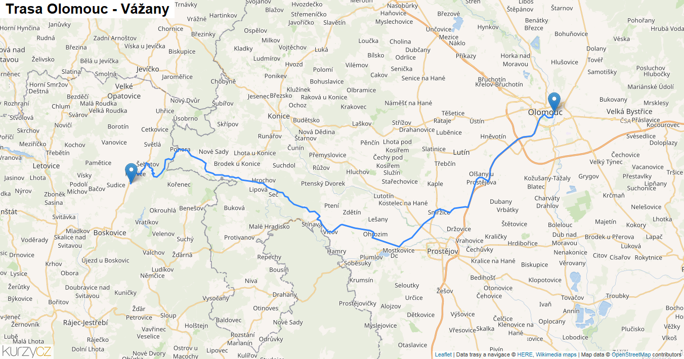 Olomouc-Vážany, mapa trasy