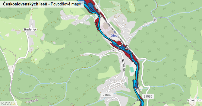 Československých lesů - záplavové mapy stoleté vody