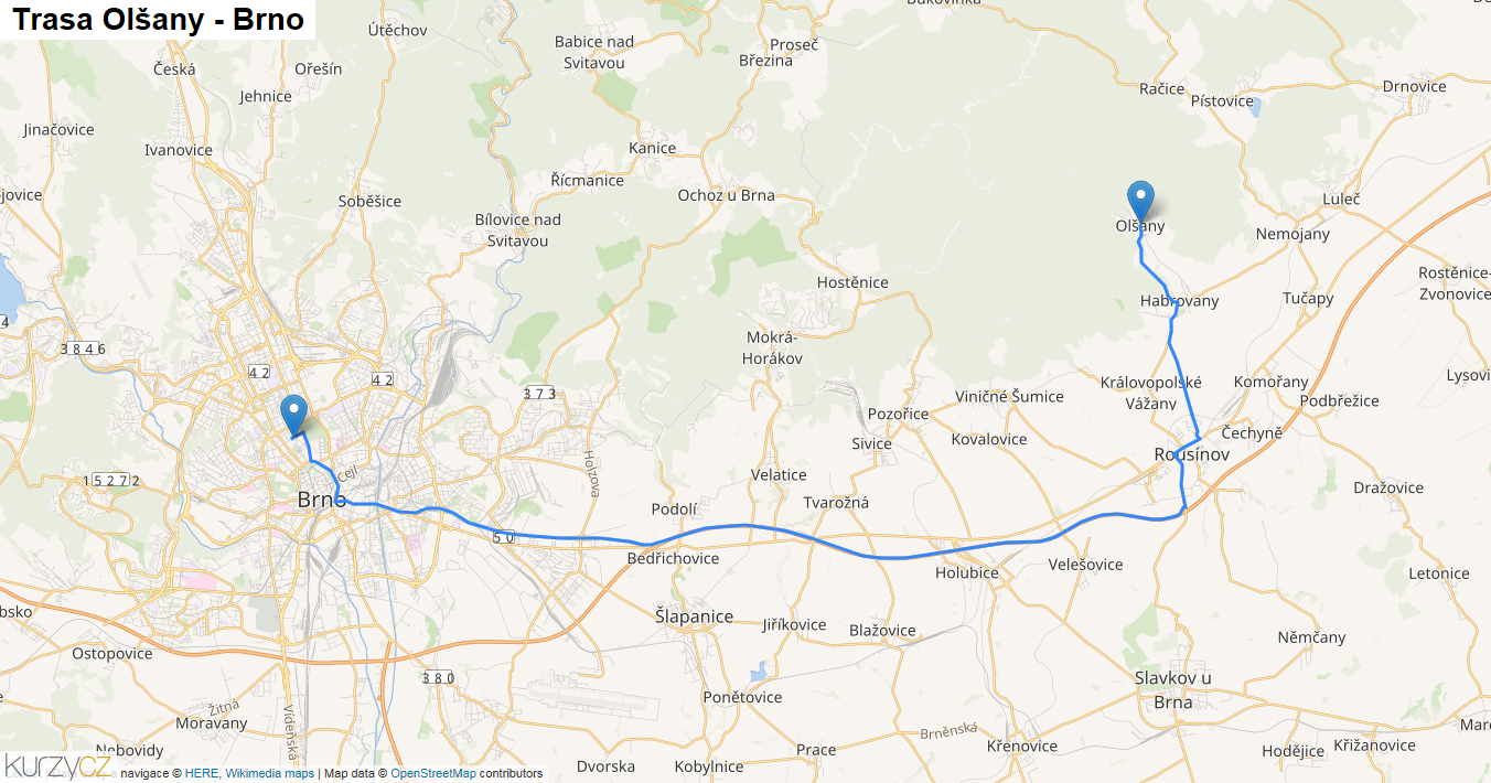 Olšany-Brno, mapa trasy