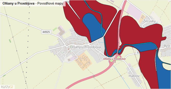 Olšany u Prostějova - záplavové mapy stoleté vody