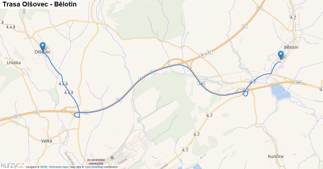 Olšovec-Bělotín, mapa trasy