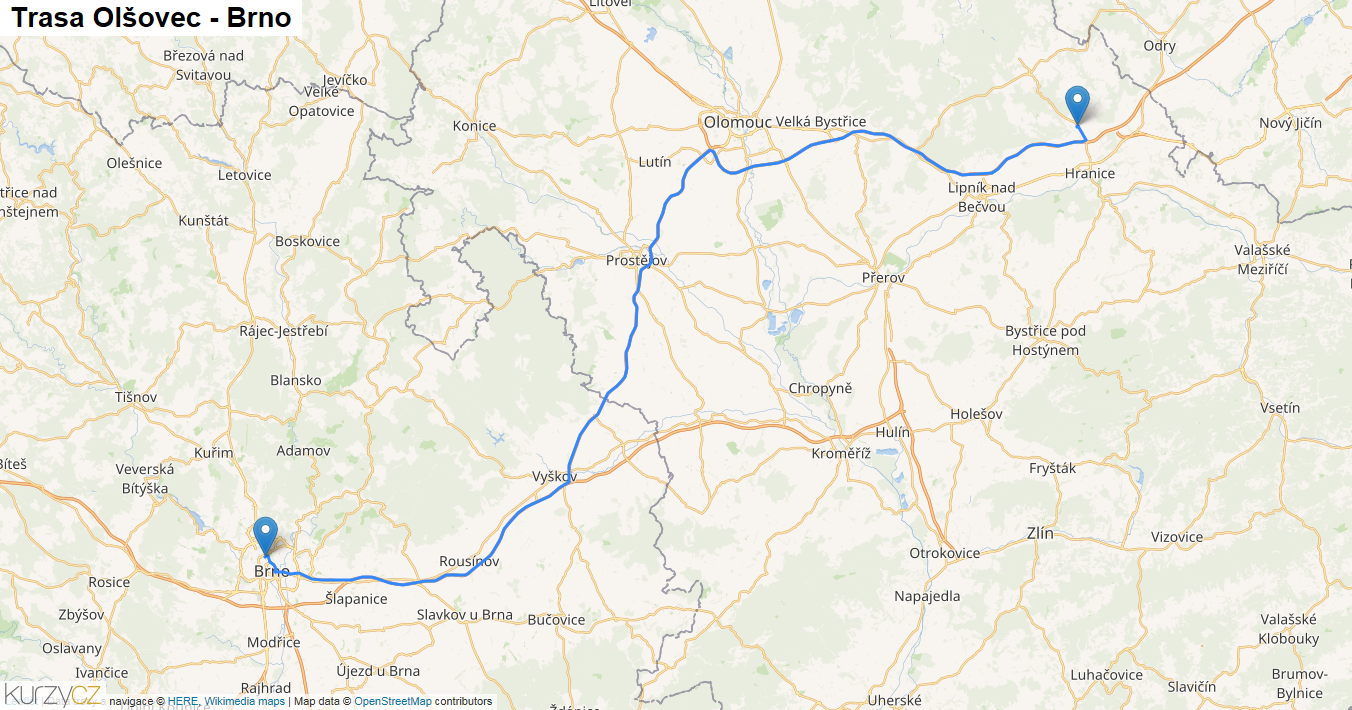 Olšovec-Brno, mapa trasy
