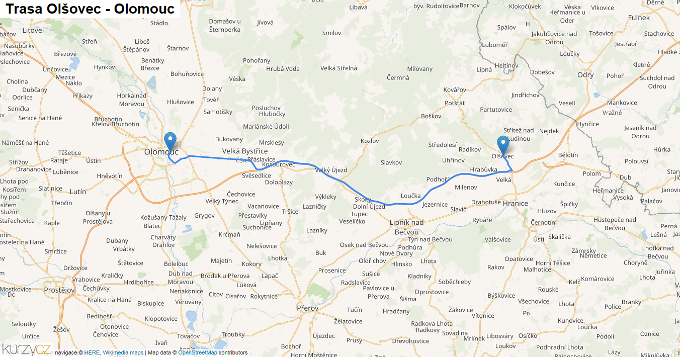 Olšovec-Olomouc, mapa trasy
