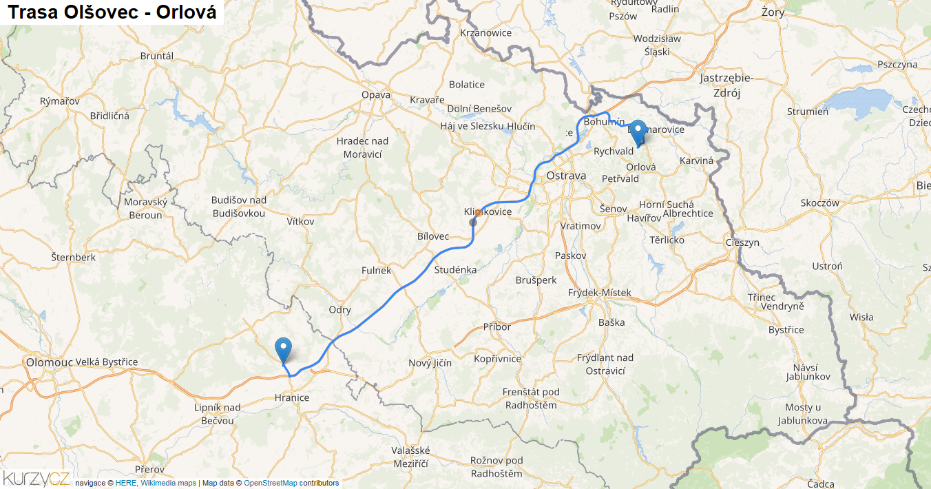 Olšovec-Orlová, mapa trasy