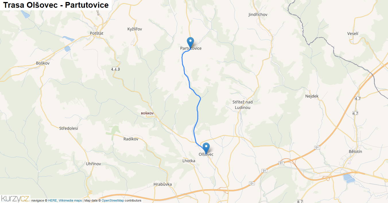 Olšovec-Partutovice, mapa trasy