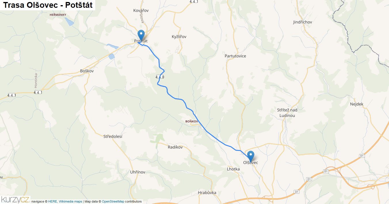 Olšovec-Potštát, mapa trasy