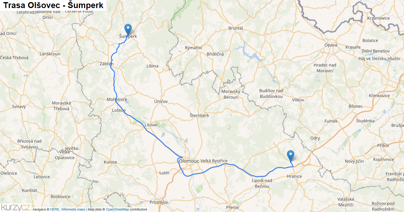Olšovec-Šumperk, mapa trasy