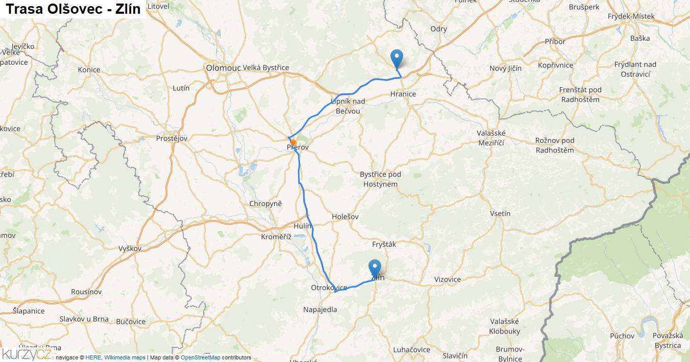 Olšovec-Zlín, mapa trasy
