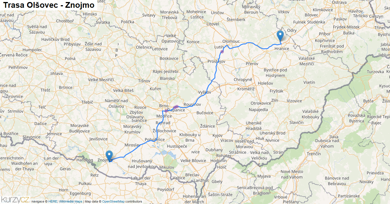 Olšovec-Znojmo, mapa trasy