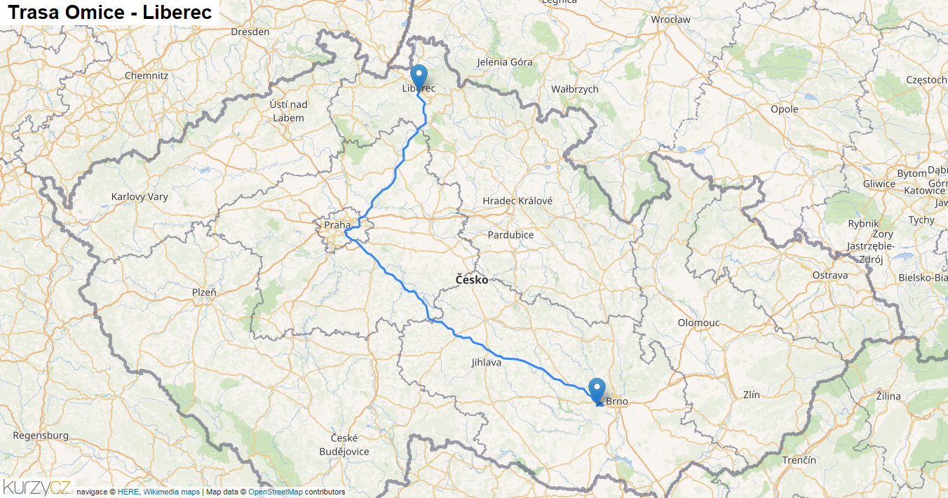 Omice-Liberec, mapa trasy