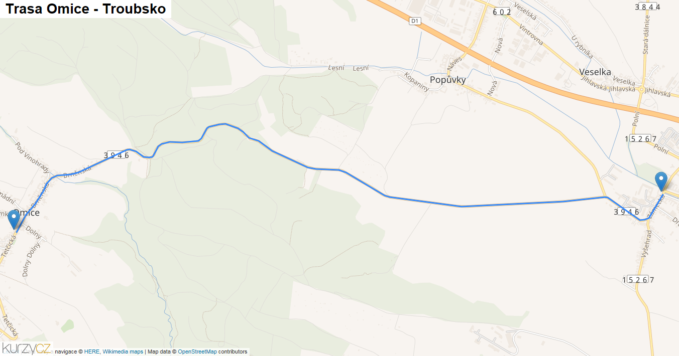 Omice-Troubsko, mapa trasy