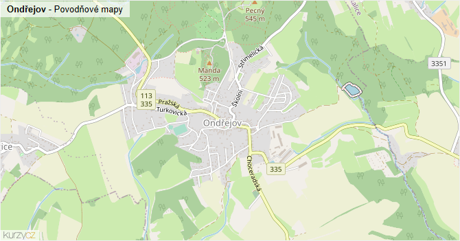 Ondřejov - záplavové mapy stoleté vody