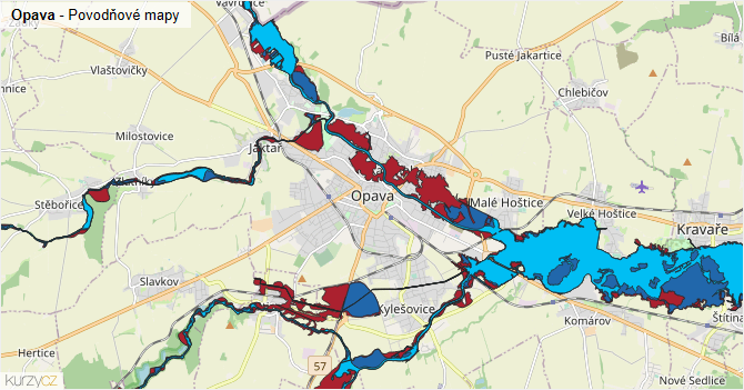 Opava - záplavové mapy stoleté vody