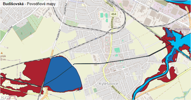 Budišovská - záplavové mapy stoleté vody