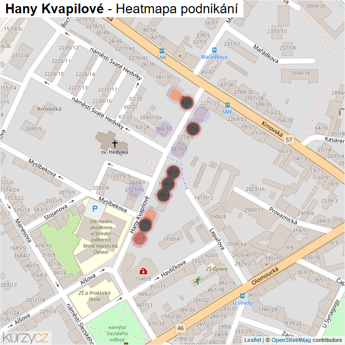 Mapa Hany Kvapilové - Firmy v ulici.