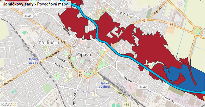 Janáčkovy sady - záplavové mapy stoleté vody