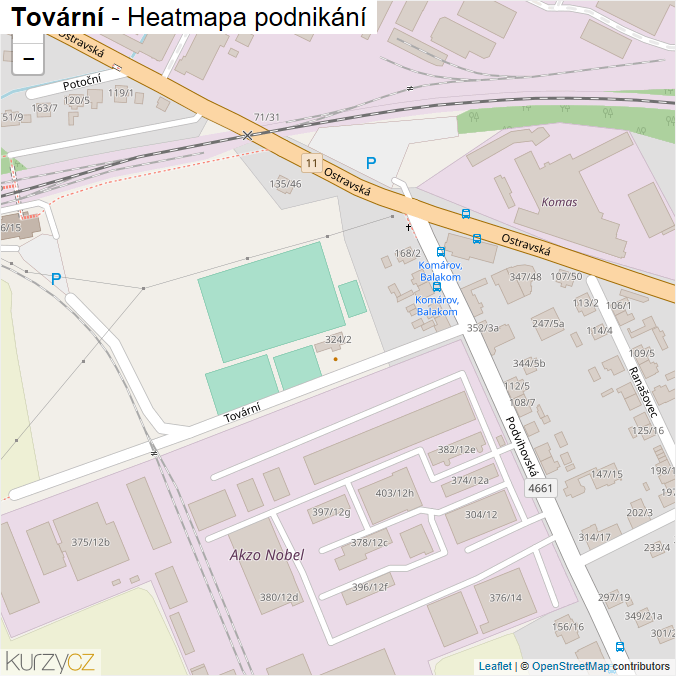 Mapa Tovární - Firmy v ulici.