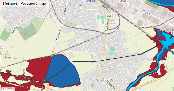 Třešňová - záplavové mapy stoleté vody