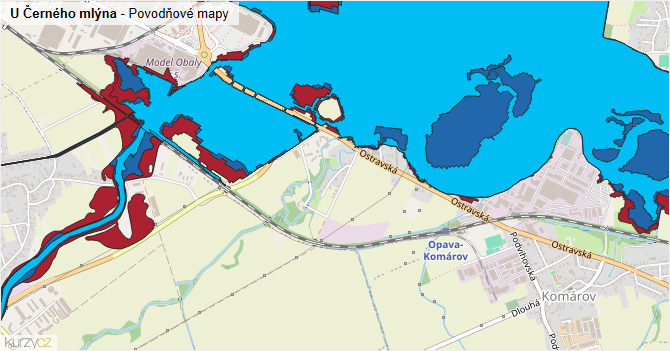U Černého mlýna - záplavové mapy stoleté vody