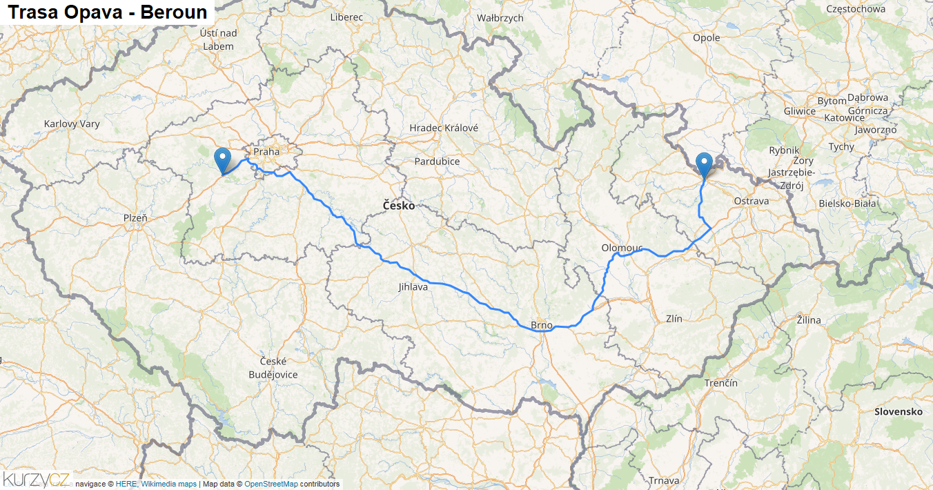Opava-Beroun, mapa trasy