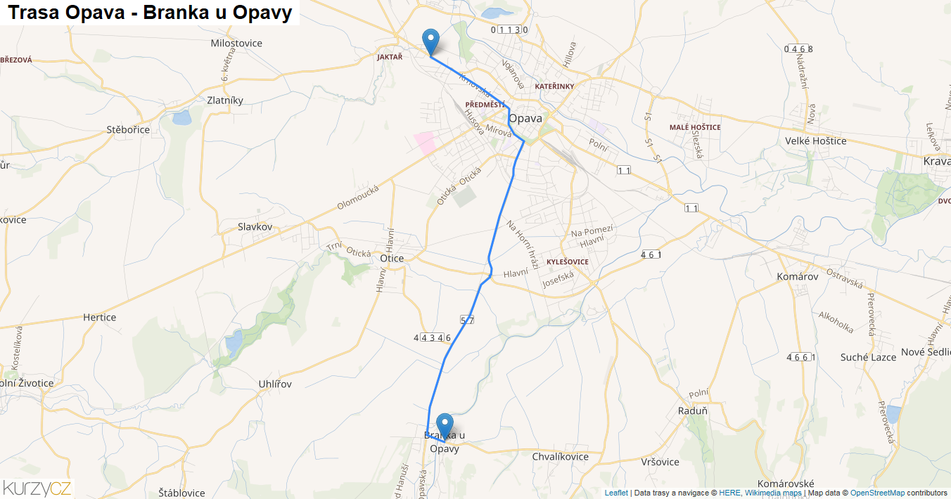 Opava-Branka u Opavy, mapa trasy
