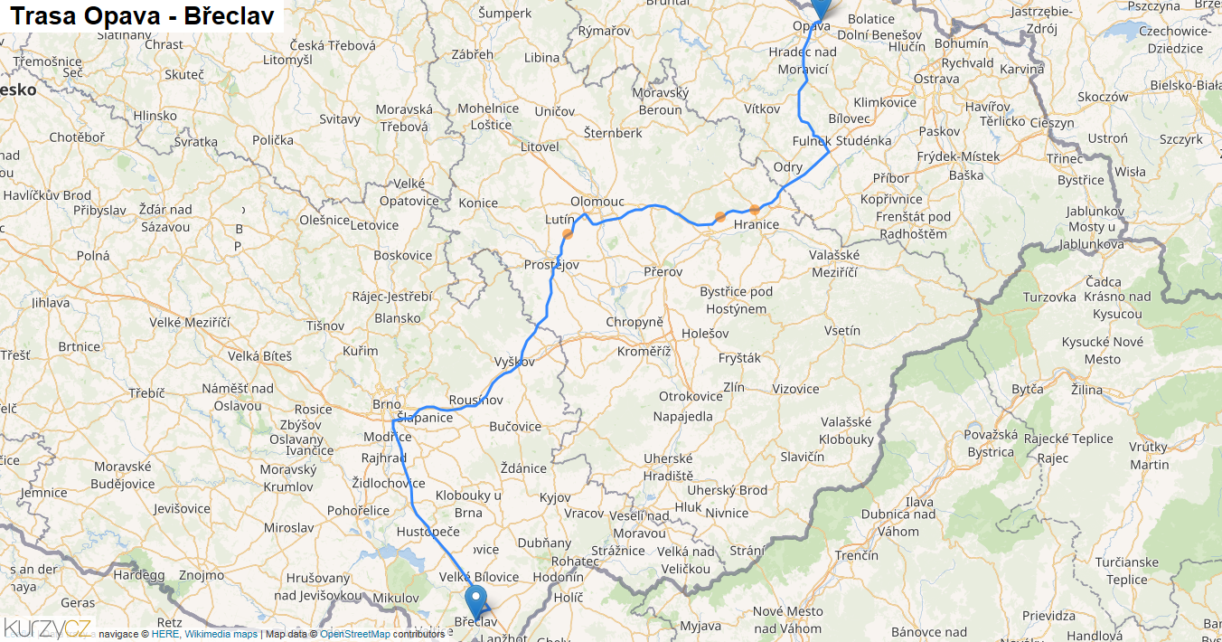 Opava-Břeclav, mapa trasy