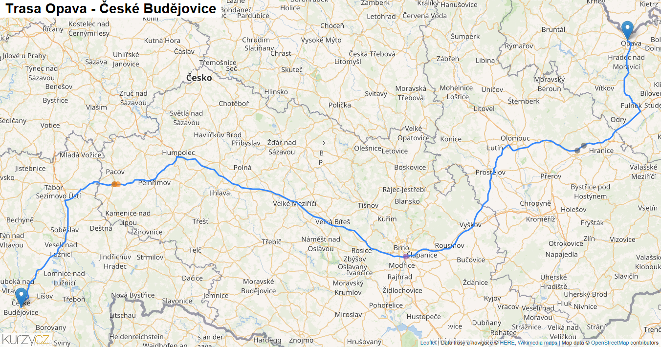 Opava-České Budějovice, mapa trasy