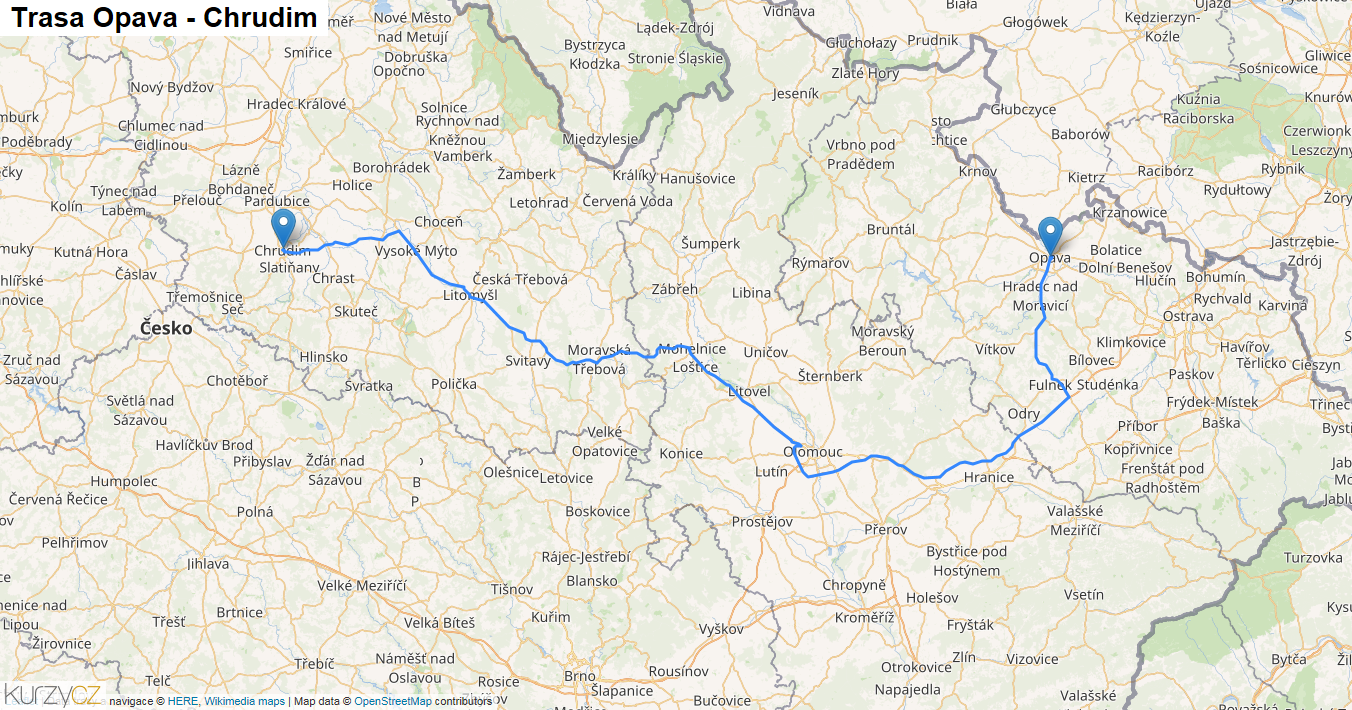 Opava-Chrudim, mapa trasy