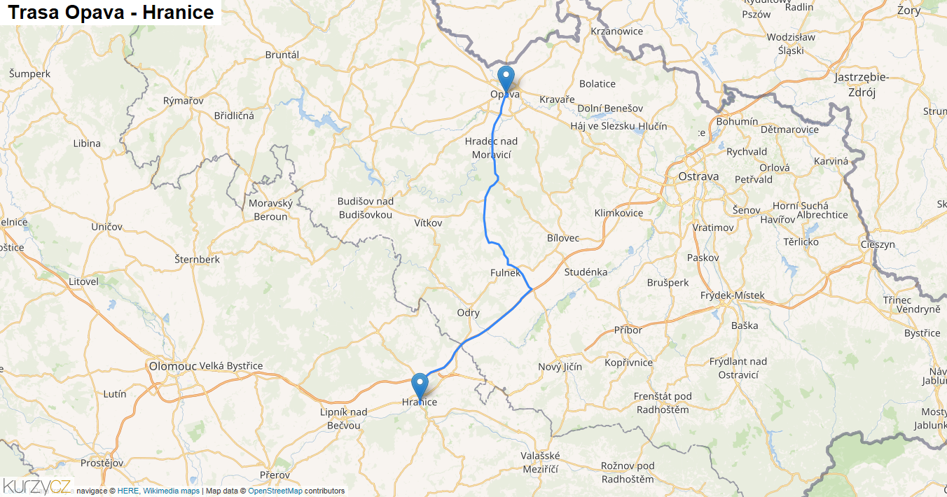 Opava-Hranice, mapa trasy