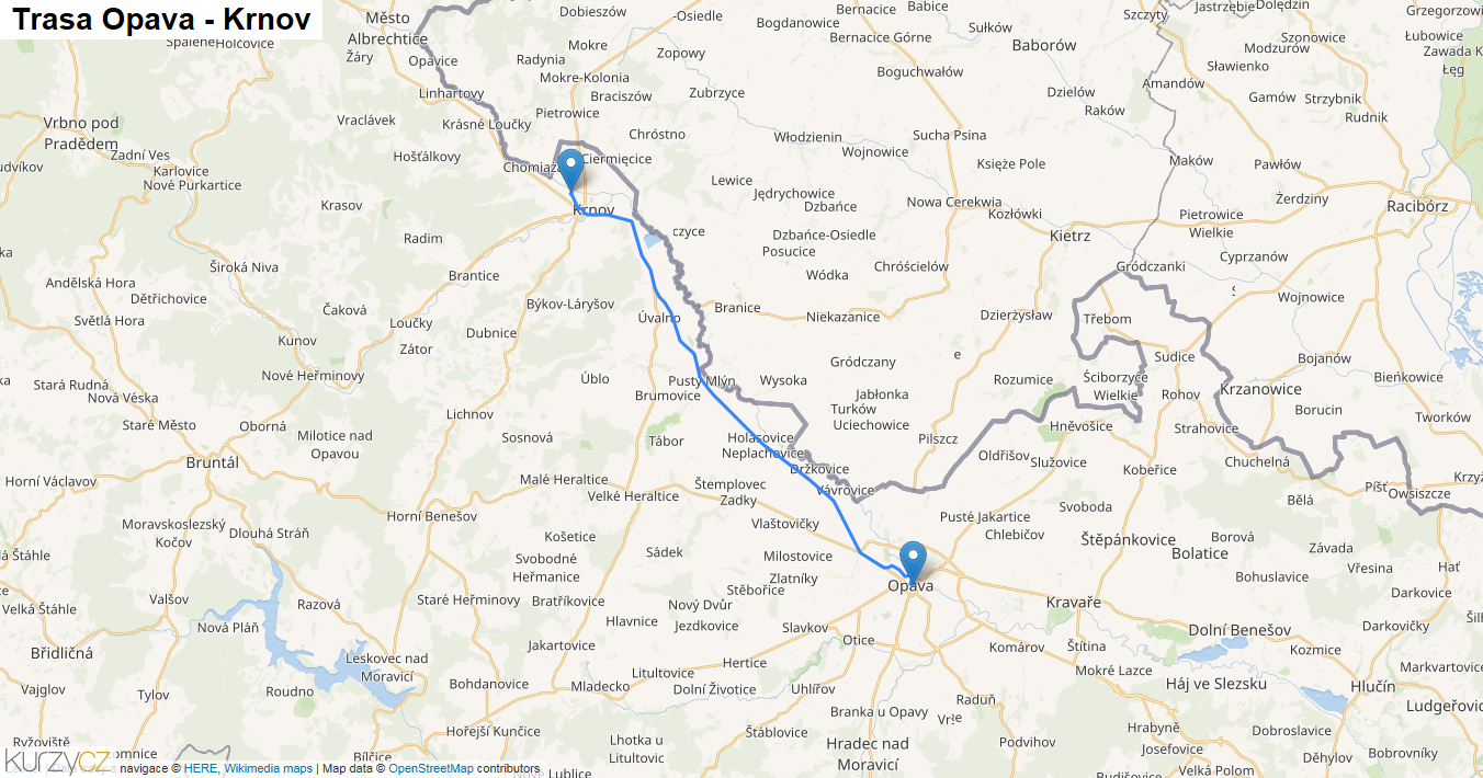 Opava-Krnov, mapa trasy
