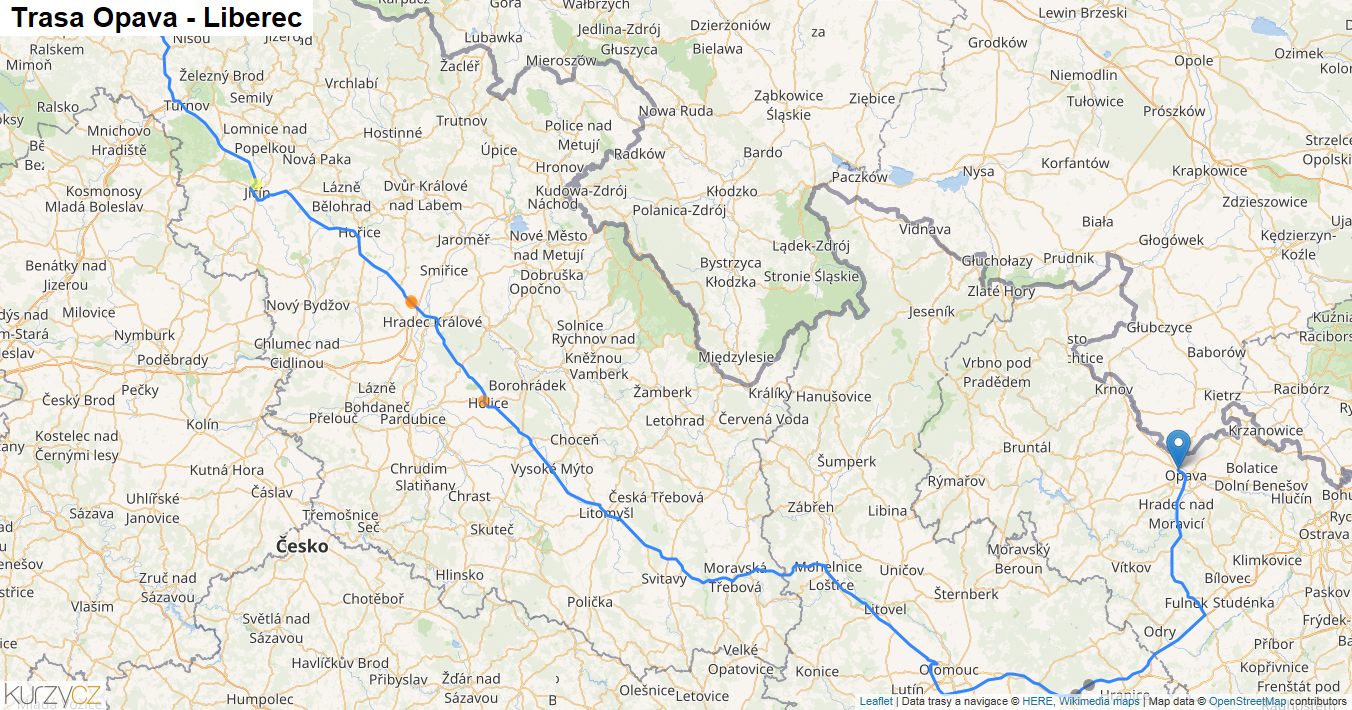 Opava-Liberec, mapa trasy